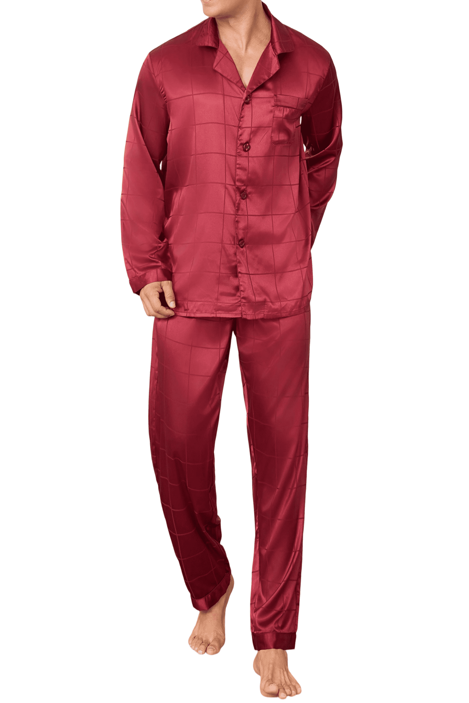 Men Satin Silk Pajamas Sets Long Sleeve Sleepwear Button-Down PJs Sets Two-Pieces Loungewear with Pockets
