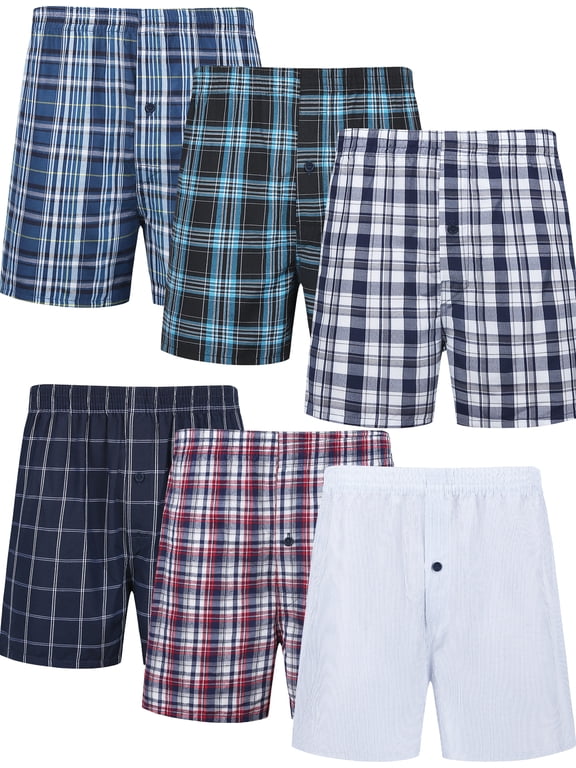 Men's Big and Tall Boxer Shorts Cotton Classic Plaid Woven Boxers for Men Soft Breathable Mens Underwear with Button Fly Assorted Colors, 6 Pack