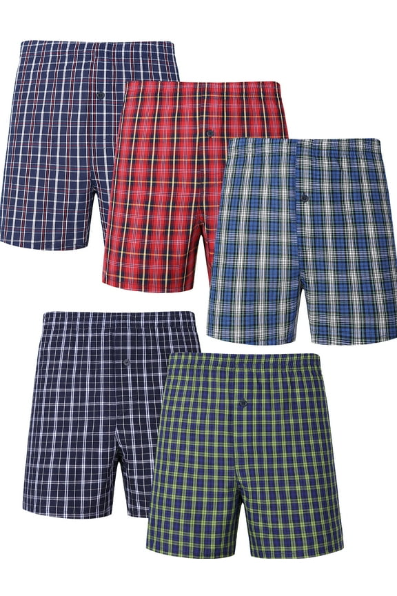 Men's Big and Tall Underwear 100% Cotton Boxer Shorts Classic Plaid Woven Boxers for men, 5 Pack