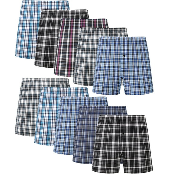 Onimisc Men's Woven Boxer Shorts Cotton Plaid Boxers for Men Underwear with Button Fly, 10 Pack