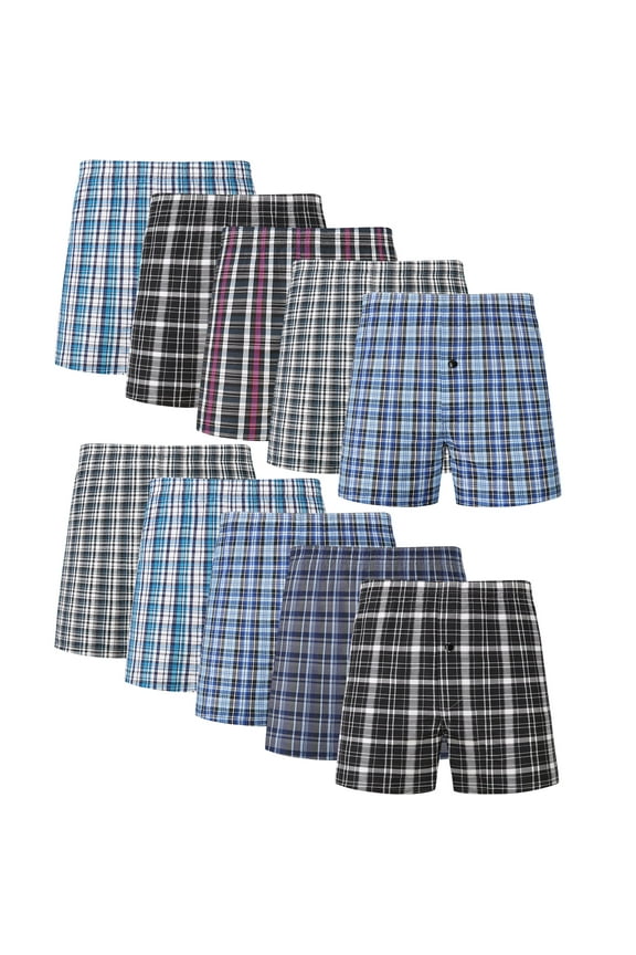 Men's Woven Boxer Shorts Cotton Plaid Boxers for Men Underwear with Button Fly, 10 Pack