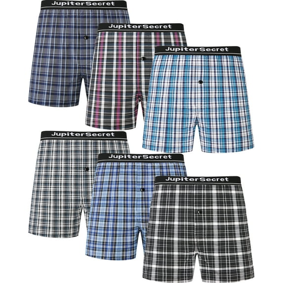 Onimisc Men's Woven Boxer Shorts Cotton Plaid Boxers for Men Underwear with Button Fly, 6 Pack