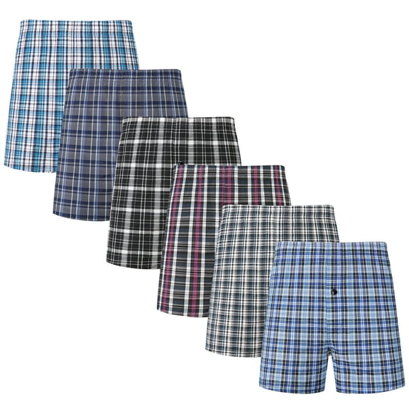Onimisc Men's Woven Boxer Shorts Cotton Plaid Boxers for Men Underwear with Button Fly, 6 Pack