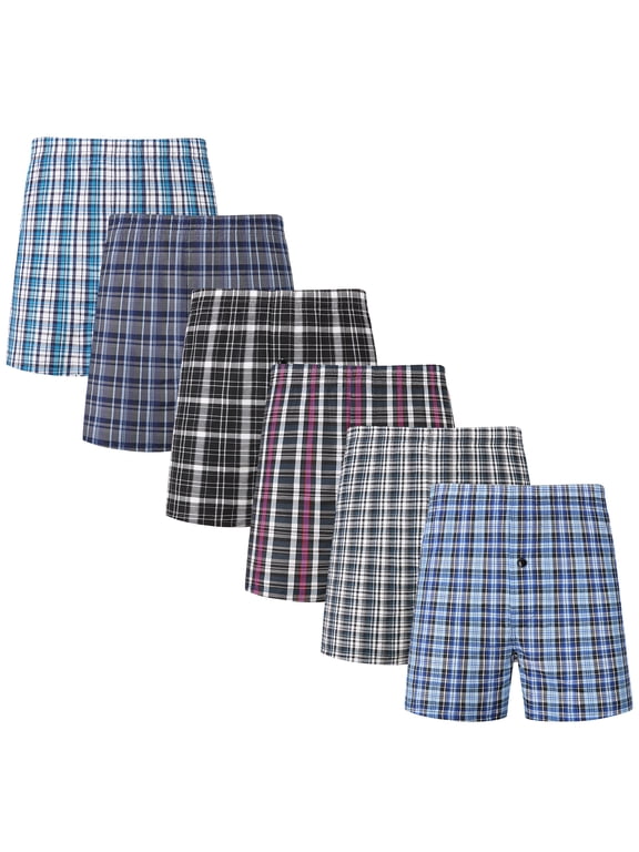 Men's Woven Boxer Shorts Cotton Plaid Boxers for Men Underwear with Button Fly, 6 Pack