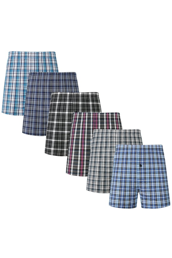 Men's Woven Boxer Shorts Cotton Plaid Boxers for Men Underwear with Button Fly, 6 Pack
