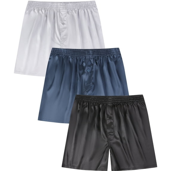 Onimisc Men's Silky Satin Boxers Shorts Elastic Waist Underwear Pajama Bottom Shorts with Button Fly, 3 Pack