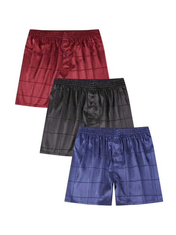 Men's Silky Satin Boxers Shorts Elastic Waist Underwear Pajama Bottom Shorts with Button Fly, 3 Pack