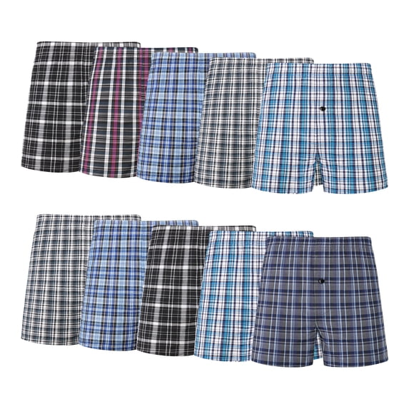 Onimisc Men's Woven Boxer Shorts Cotton Plaid Boxers for Men Underwear with Button Fly, 10 Pack