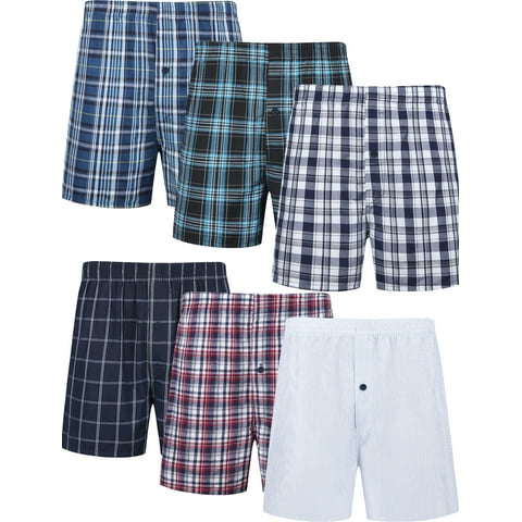 Men's Boxer Shorts Cotton Classic Plaid Woven Boxers for Men Soft Breathable Mens Underwear with Button Fly Assorted Colors, 6 Pack