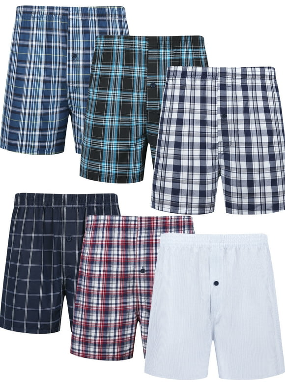 Men's Boxer Shorts Cotton Classic Plaid Woven Boxers for Men Soft Breathable Mens Underwear with Button Fly Assorted Colors, 6 Pack