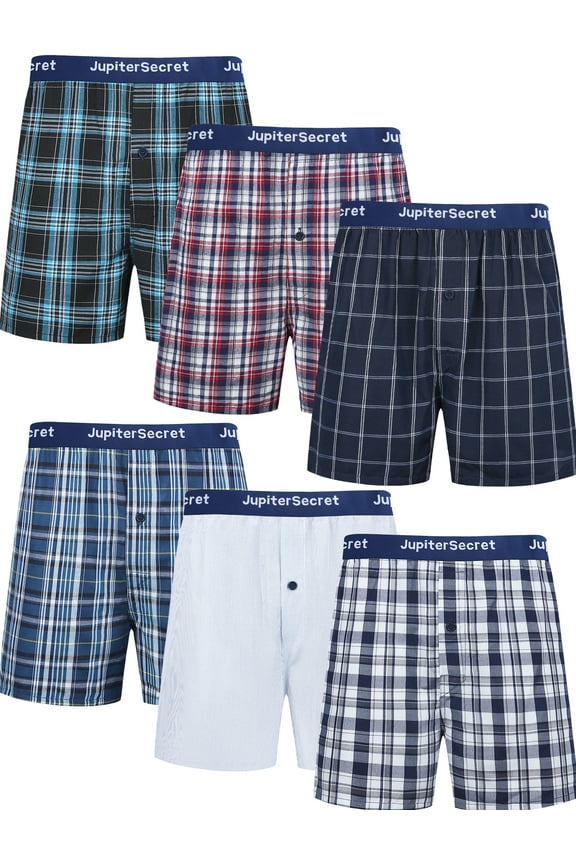 Men's Boxer Shorts Cotton Classic Plaid Woven Boxers for Men Soft Breathable Mens Underwear with Button Fly Assorted Colors, 6 Pack