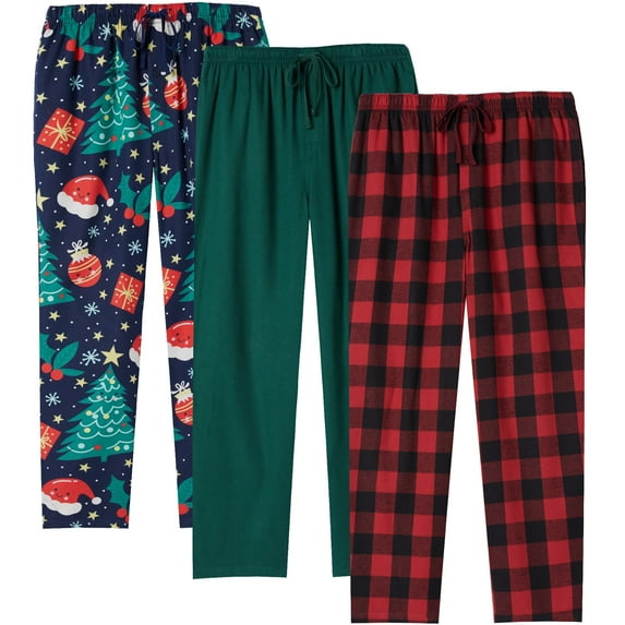 Onimisc Mens Christmas Pajama Pants Flannel Plaid Cotton Sleep Lounge Pants Warm Sleepwear Pants PJ Bottoms with Pockets and Button Fly, 3 Pack