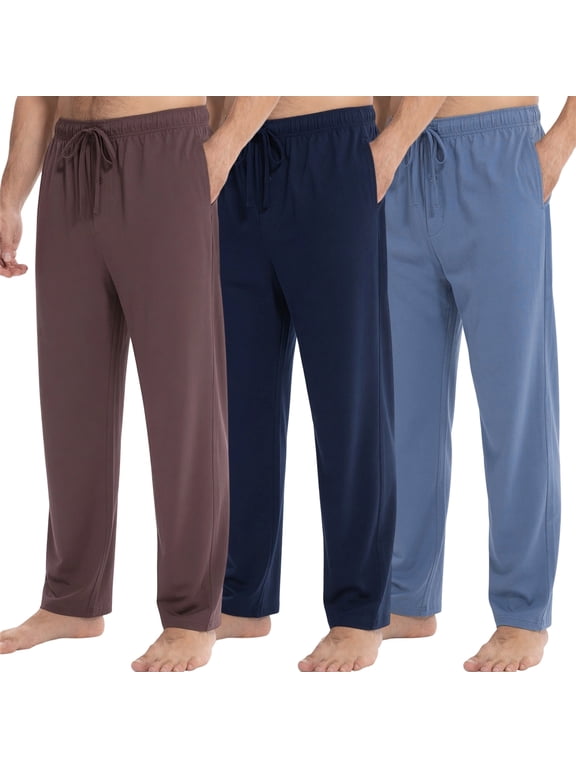 Mens Cotton Knit Pajama Pants, Lightweight Lounge Pj Bottoms for Men Soft Sleep Pants with Pockets & Drawstring, 3 Pack