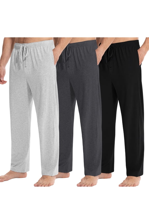 Mens Cotton Knit Pajama Pants, Lightweight Lounge Pj Bottoms for Men Soft Sleep Pants with Pockets & Drawstring, 3 Pack