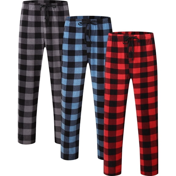 Onimisc Men's Fleece Pajama Pants Plaid Loungewear Soft Pj Bottoms Sleepwear with Pockets, 3 Pack