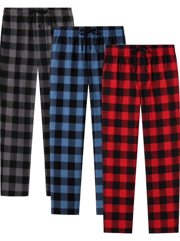 Men's Fleece Pajama Pants Plaid Loungewear Soft Pj Bottoms Sleepwear with Pockets, 3 Pack