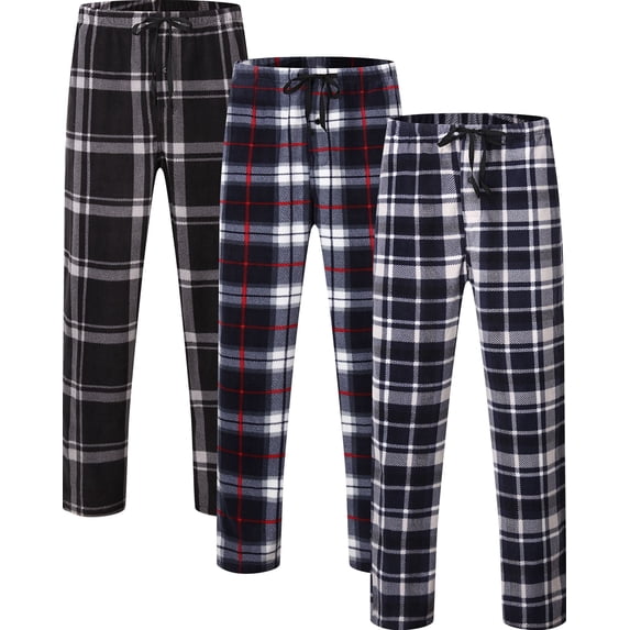 Onimisc Men's Fleece Pajama Pants Plaid Loungewear Soft Pj Bottoms Sleepwear with Pockets, 3 Pack