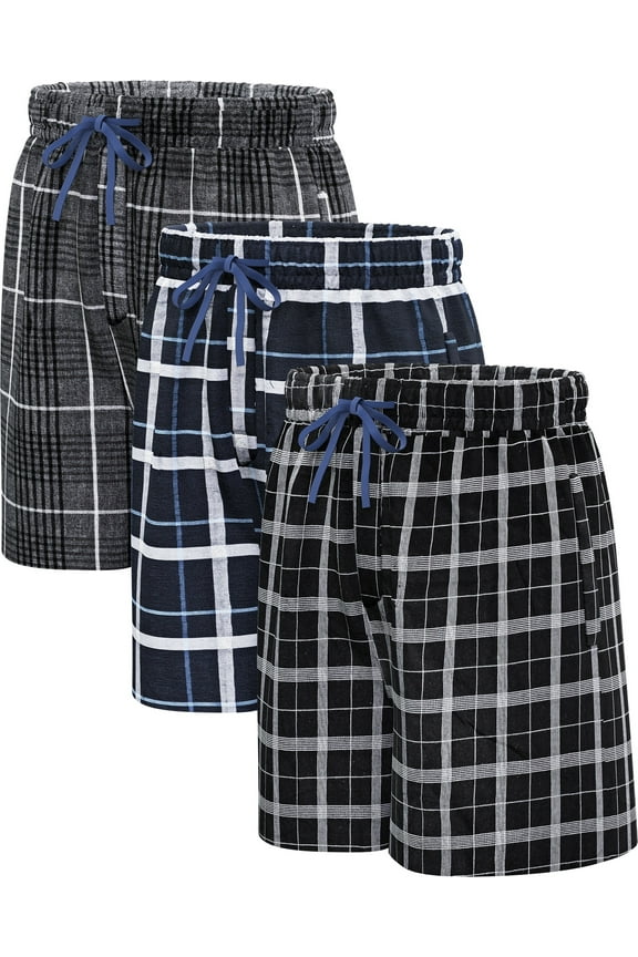 Mens Woven Pajama Shorts Pajama Bottoms Plaid Sleep Shorts Lounge Pants Sleepwear Pj Pants for Men 3 Pack