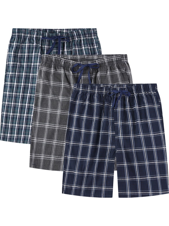 Mens Woven Pajama Shorts Pajama Bottoms Plaid Sleep Shorts Lounge Pants Sleepwear Pj Pants for Men 3 Pack