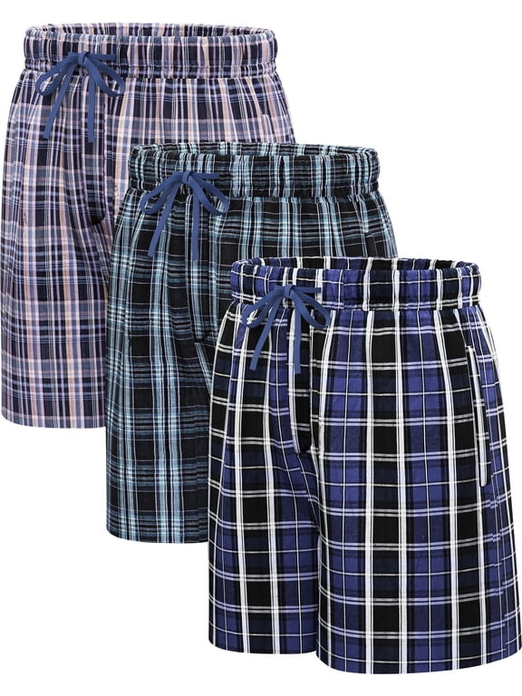 Mens Woven Pajama Shorts Pajama Bottoms Plaid Sleep Shorts Lounge Pants Sleepwear Pj Pants for Men 3 Pack