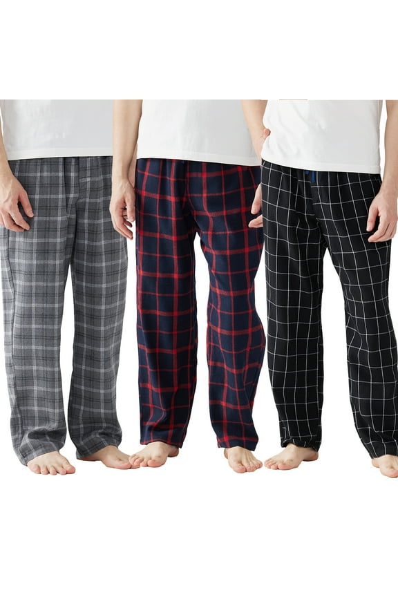 Mens Pajama Pants Flannel Plaid Cotton Sleep Lounge Pants Warm Sleepwear Pants PJ Bottoms with Pockets and Button Fly, 3 Pack
