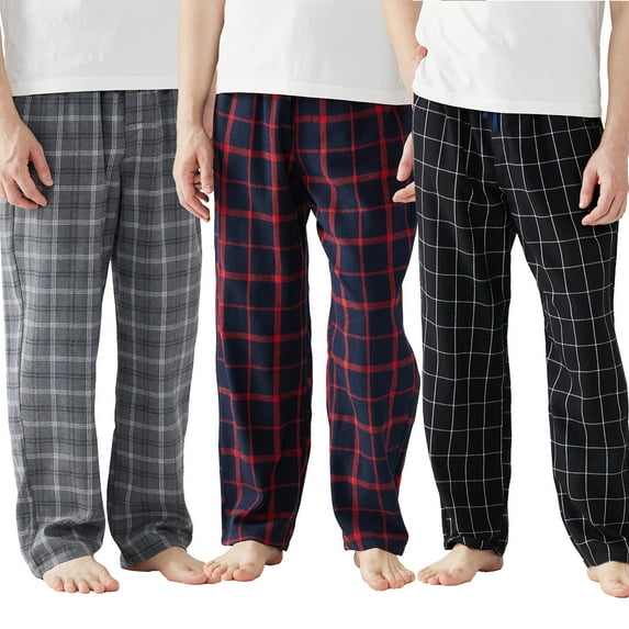 Onimisc Mens Pajama Pants Flannel Plaid Cotton Sleep Lounge Pants Warm Sleepwear Pants PJ Bottoms with Pockets and Button Fly, 3 Pack