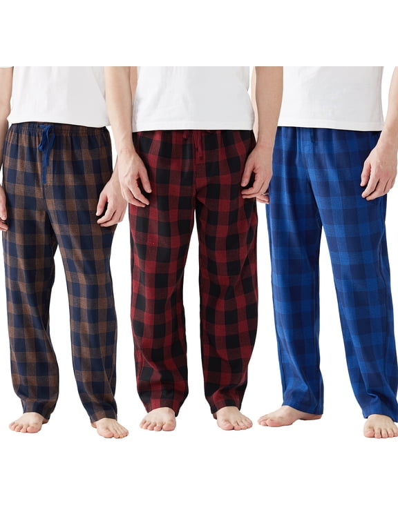 Mens Pajama Pants Flannel Plaid Cotton Sleep Lounge Pants Warm Sleepwear Pants PJ Bottoms with Pockets and Button Fly, 3 Pack