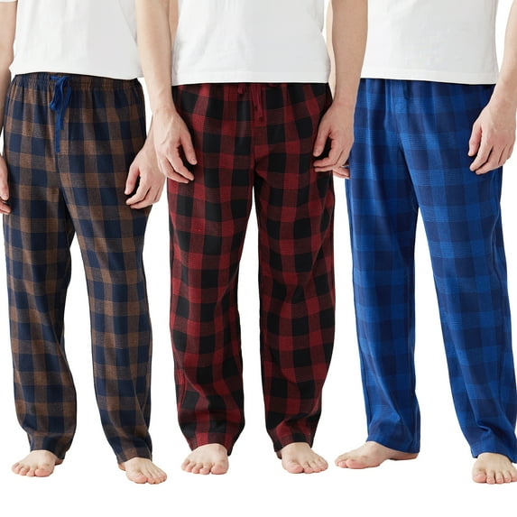Onimisc Mens Pajama Pants Flannel Plaid Cotton Sleep Lounge Pants Warm Sleepwear Pants PJ Bottoms with Pockets and Button Fly, 3 Pack