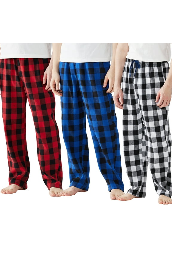 Mens Pajama Pants Flannel Plaid Cotton Sleep Lounge Pants Warm Sleepwear Pants PJ Bottoms with Pockets and Button Fly, 3 Pack