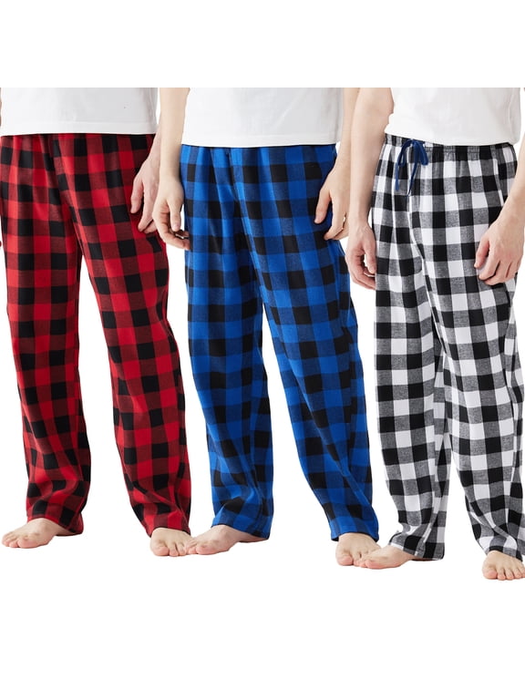 Mens Pajama Pants Flannel Plaid Cotton Sleep Lounge Pants Warm Sleepwear Pants PJ Bottoms with Pockets and Button Fly, 3 Pack