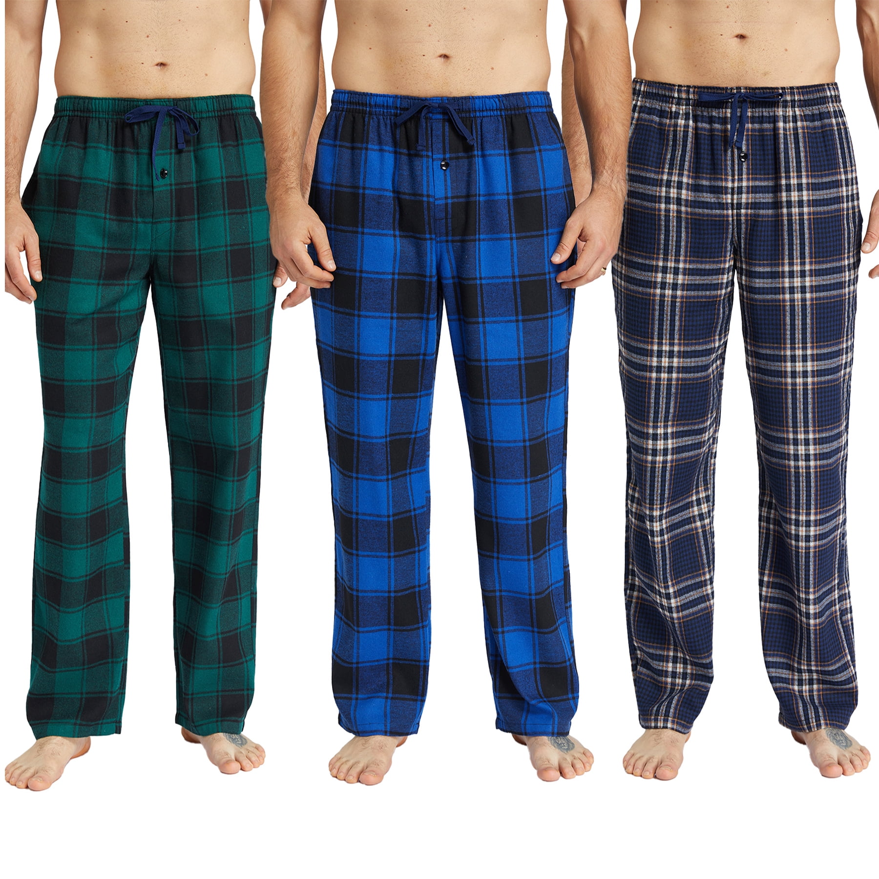 Mens Pajama Pants Flannel Plaid Cotton Sleep Lounge Pants Warm Sleepwear Pants PJ Bottoms with Pockets and Button Fly, 3 Pack