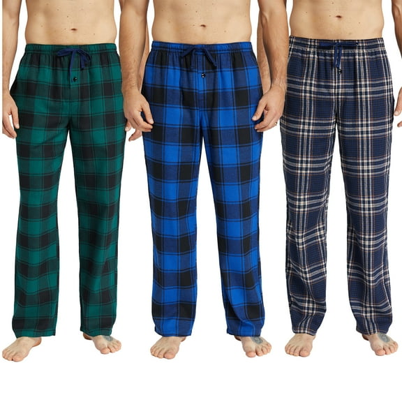 Onimisc Mens Pajama Pants Flannel Plaid Cotton Sleep Lounge Pants Warm Sleepwear Pants PJ Bottoms with Pockets and Button Fly, 3 Pack