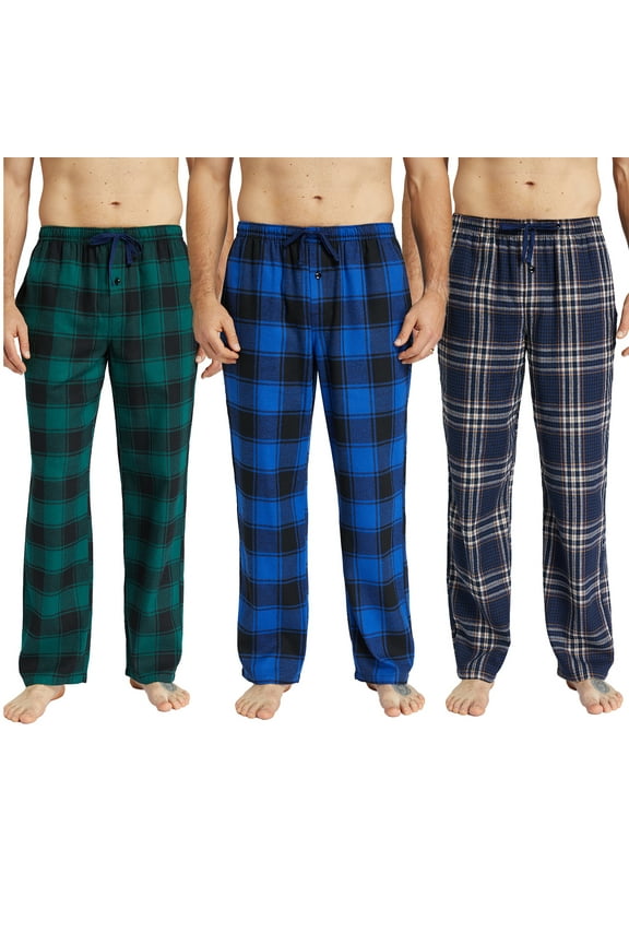 Mens Pajama Pants Flannel Plaid Cotton Sleep Lounge Pants Warm Sleepwear Pants PJ Bottoms with Pockets and Button Fly, 3 Pack