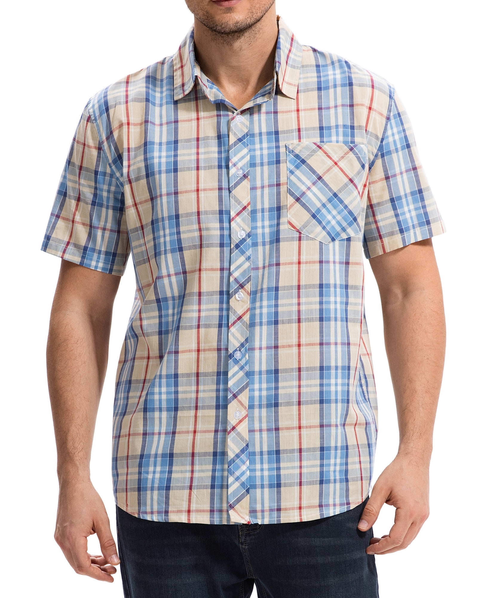 Onimisc Mens Plaid Short Sleeve Button Down Shirts 100% Cotton Regular Fit Casual Gingham Shirts