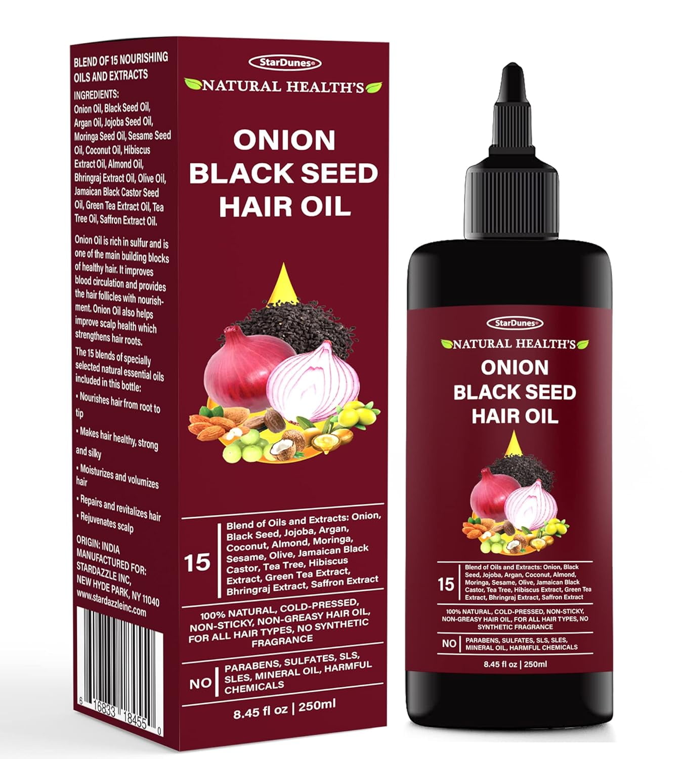 Onion Black Seed Hair Oil, Blend of 15 Oils and Extracts for Healthy