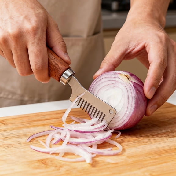 Onion Chopper Dicer, Vegetable Slicer and Chopper, Shredder Kitchen, Stainless Steel Kitchen Utensils, Handheld Operation, Daily Cooking, Wood Handle, Silver Brown, 1 Pc