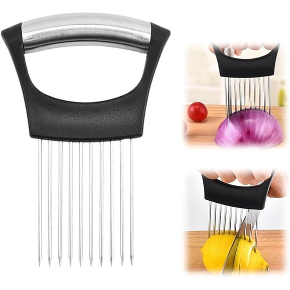 Onion Holder for Slicing, 2025 New Stainless Steel Onion Slice Holder Lemon Slicer Vegetable Cutter, Kitchen Gadgets Chopper Slicing Assistant Tool for Meat, Onion, Tomato, Potato (1 Pcs)