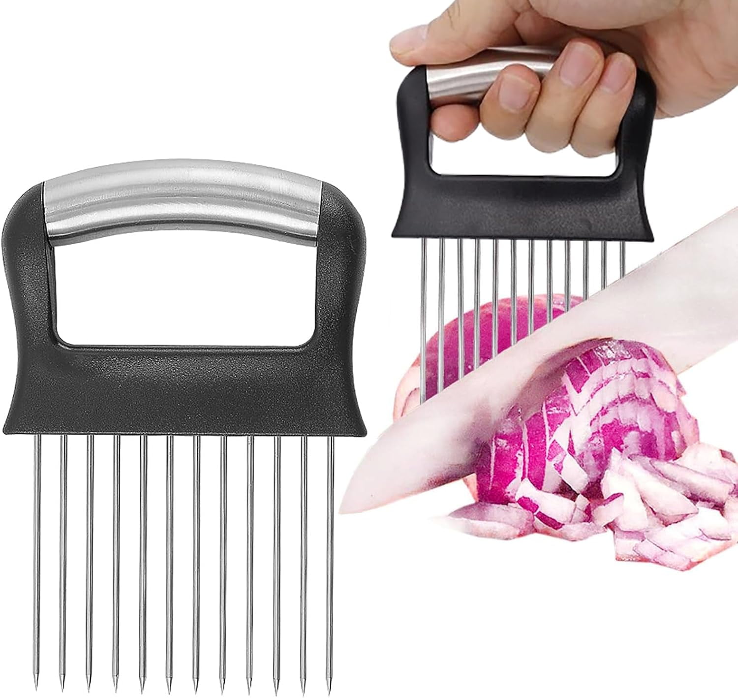 Cheers.US Onion Slicer, Onion Cutter Holder, Lemon Potato Tomato Slicer, Vegetable Stalking Fork, Meat Tenderer, Stainless Steel Kitchen Slicer For Slicing Onions,Avocados,Eggs