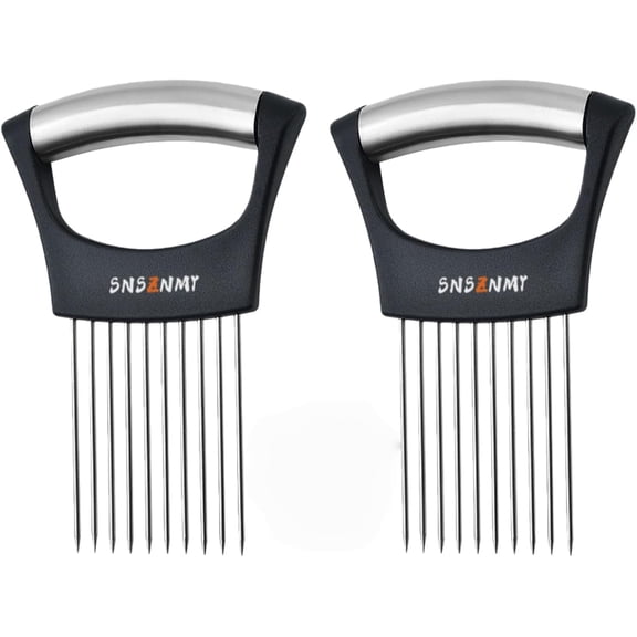 Onion Holder for Slicing, Upgrade Stainless Steel Onion Slicer Holder Lemon Slicer Vegetable Cutter, Assistant Tool for Slicing Fruit, Potato, Tomato and Meat (2 Pack)