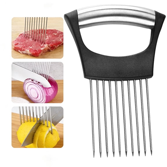 Onion Holder for Slicing, Stainless Steel Vegetable Slicing Guide with Handle for Onions, Potatoes, Tomatoes, Lemon & Meat Prep