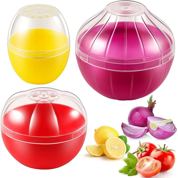 Onion Lemon Tamota Storage Keeper Holder for Fridge, BPA Free Vegetable Shaped Food Saver/Storage Containers, 3-piece Set Bundle