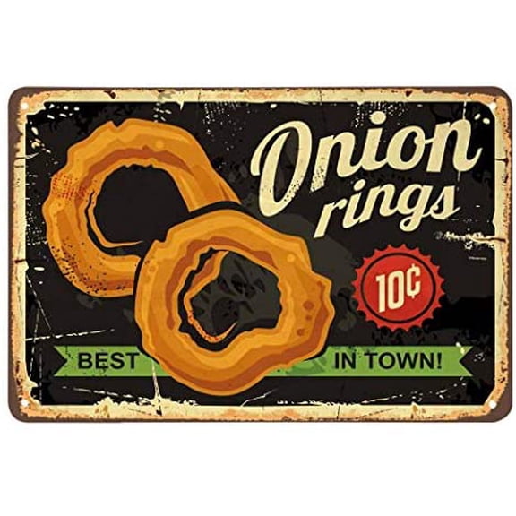 Onion Rings Tin Sign,Restaurant Fast Delicious Food Best in Town Black Metal Tin Signs for Cafes Bars Pubs Shop Wall Decorative Funny Retro Signs for Men Women 8x12 Inch