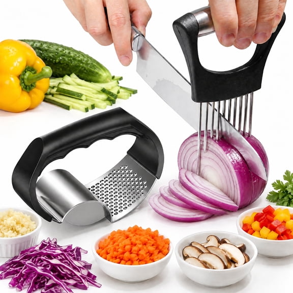 Onion Slicers with Garlic Mincer Start Makers 2-in-1 Rocker Press & Meat Tenderizer Multi-Use Vegetable Chopper for Onions Tomatoes Avocados Potato Eggs Kiwifruit Meat Lemon