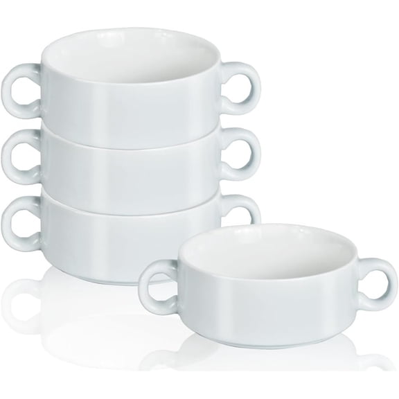 Onion Soup Bowls with Handles, 12-Ounce Stackable Soup Crocks, Ceramic Soup Bowls Dishwasher, Oven, Microwave Safe, Large Ramekins Bowls Set of 4 (White)
