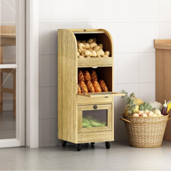 and Onion Storage Bin, Storage Bin Movable Bread Box with Wheels,Root Fruit and Vegetable Storage,Farmhouse Bread Storage Container,Pantry Cabinet for Kitchen (Natural)