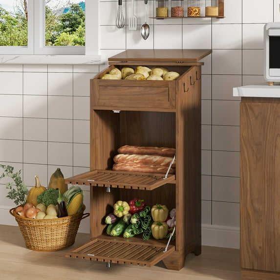 Onion and Potato Storage Bin Box Kitchen Pantry Cabinet for Fruits Snacks Wooden Bread Box Walnut