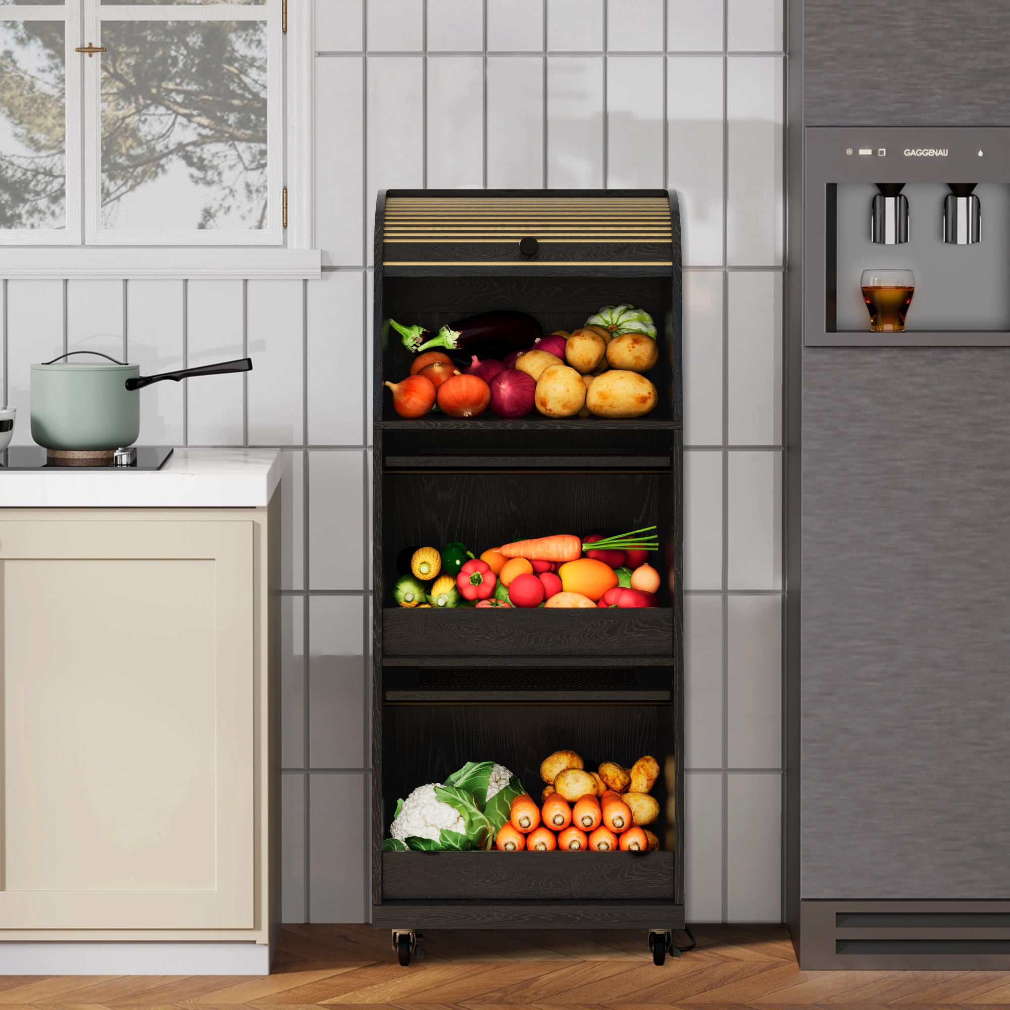Onion and Potato Storage Bin Box, Movable Potato Bins with Sliding Door, Farmhouse Kitchen Pantry Cabinet