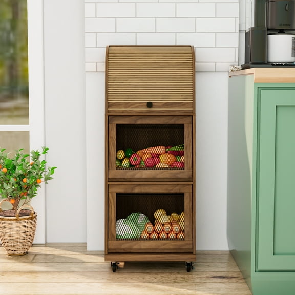 Onion and Potato Storage Bin Box, Movable Potato Bins with Sliding Door, Farmhouse Kitchen Pantry Cabinet