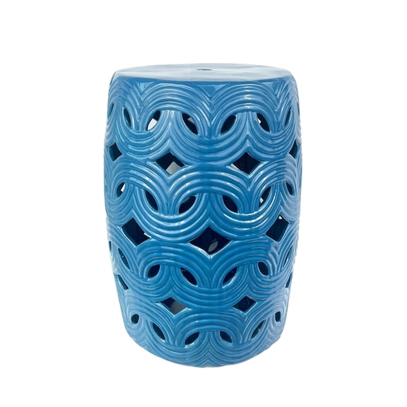 Onipig 18" High Blue Ceramic Drum Stool with Wave Texture Multifunctional Plant Stand, Ottoman, Side Table, Nightstand & Decorative Garden Stool for Indoor & Outdoor Use