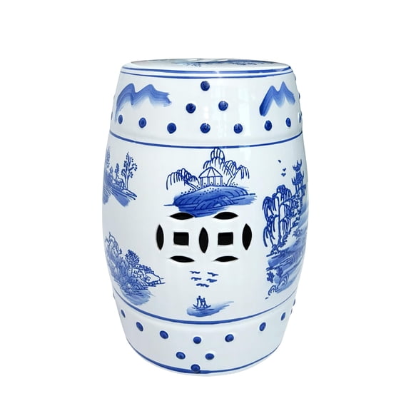 Onipig Blue & White Ceramic Garden Stool,Hand Painted Porcelain Side Table